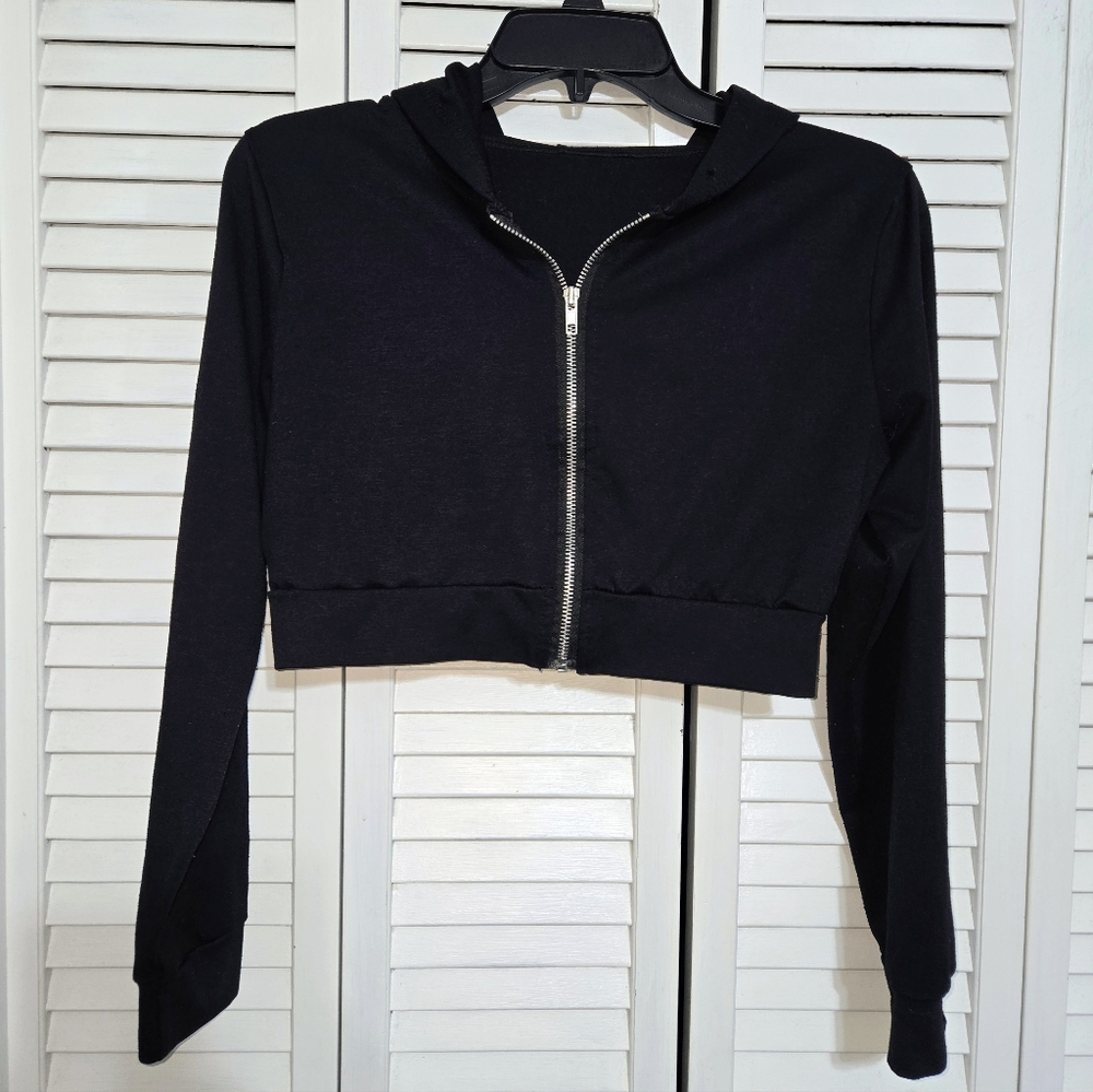 Women's M Black Cropped Zip-Up Hoodie